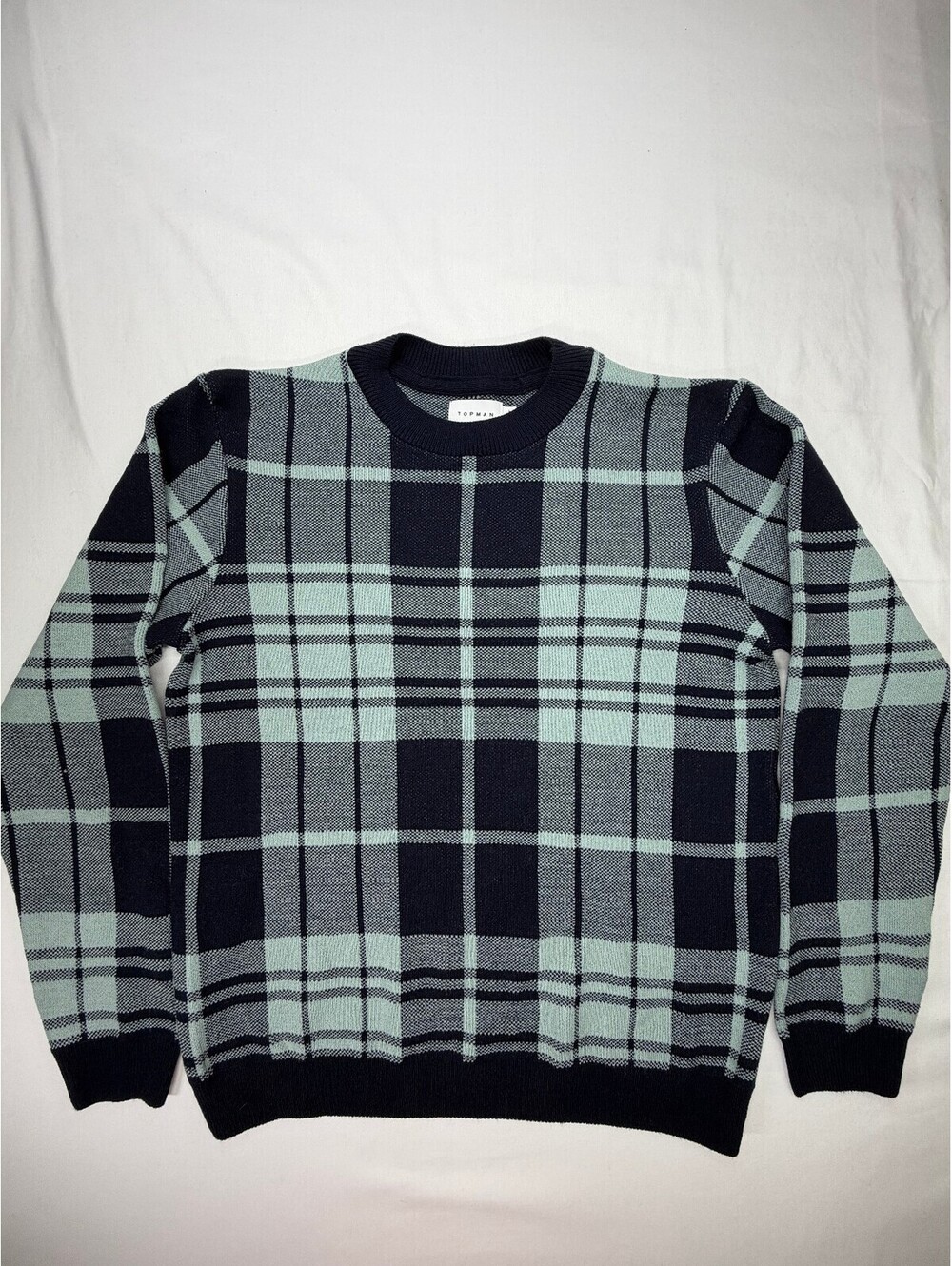 TopMan Men's Sweater Plaid Check Pullover Crew Neck Classic Size Large Blue